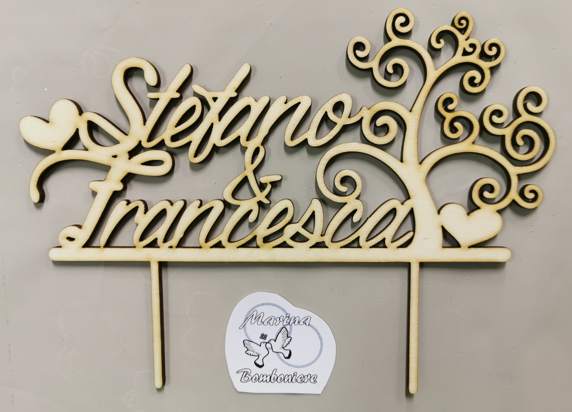 cake topper matrimonio in legno personalizzato con nomi albero della vita